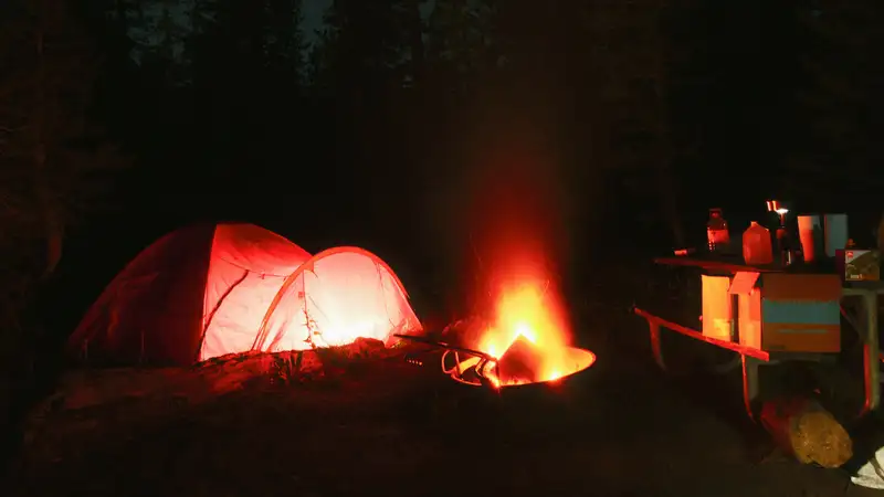 夜の森で内側から明かりが灯るテントと、そばで燃える焚き火