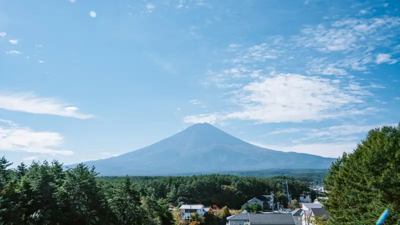 森と集落の向こうにそびえる富士山
